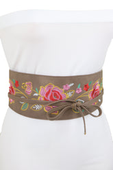 Taupe Beige High Waist Wide Faux Leather Wrap Around Tie Belt Flowers S M